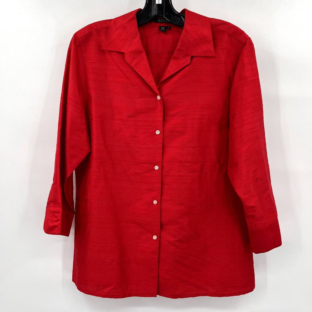 Lauren Ralph Lauren Red 100% Silk 3/4 Sleeve Collared Button Up Top Size 14